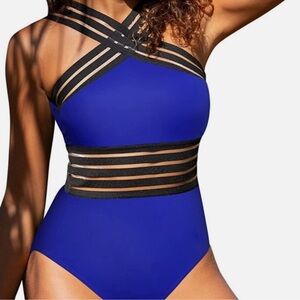 Hilor NWT One Piece Swimsuit Blue Black Criss Cross Mesh Panel Monokini Size M